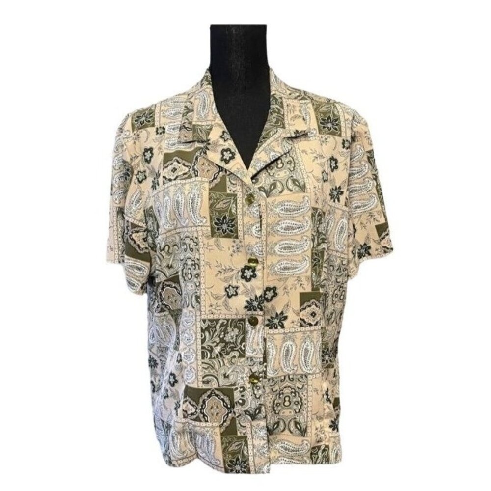 Vtg Briggs Cream Paisley Button Down Shirt Sz 18 – Colorful Retro Short Sleeve